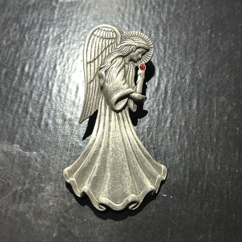 Vintage JJ Angel Brooch Silver Pewter Tone Red Rhinestone Crystal Candle Pin